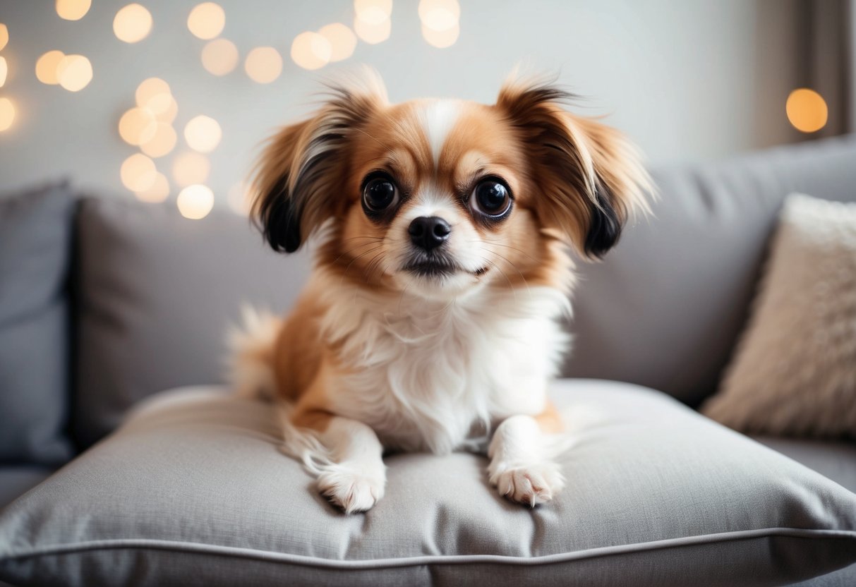 A small fluffy dog with big round eyes and floppy ears sits on a cushion, looking up with an adorable expression