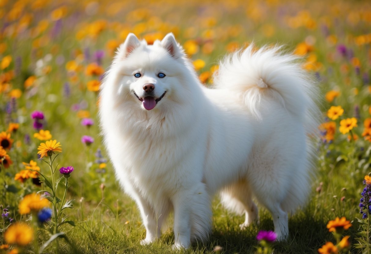 A fluffy white Samoyed dog with bright blue eyes stands proudly in a field of colorful wildflowers, its long fur blowing in the gentle breeze