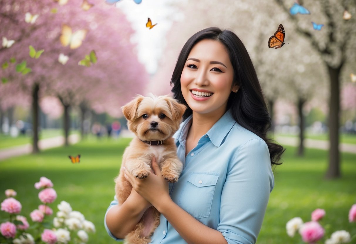 A smiling Boo holding a small, fluffy dog in a park surrounded by blooming flowers and butterflies