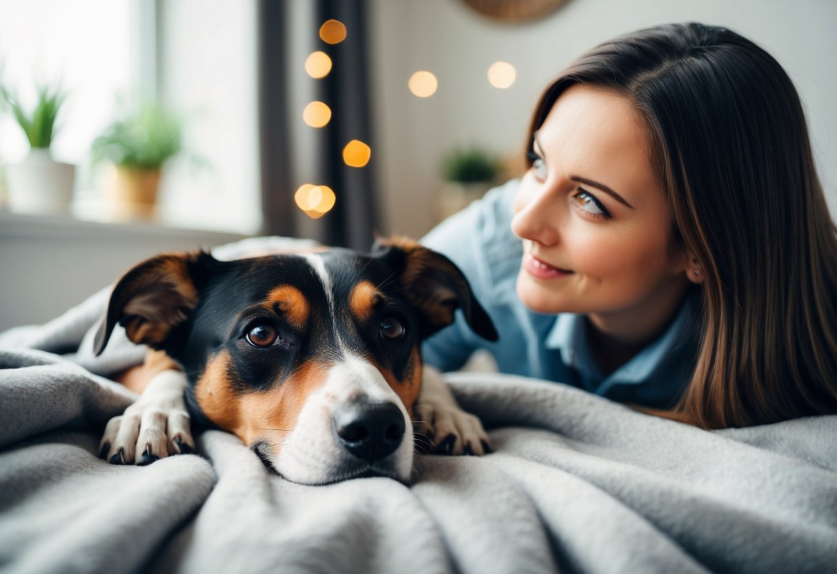 A dog resting on a cozy blanket, gazing up at its owner with adoring eyes