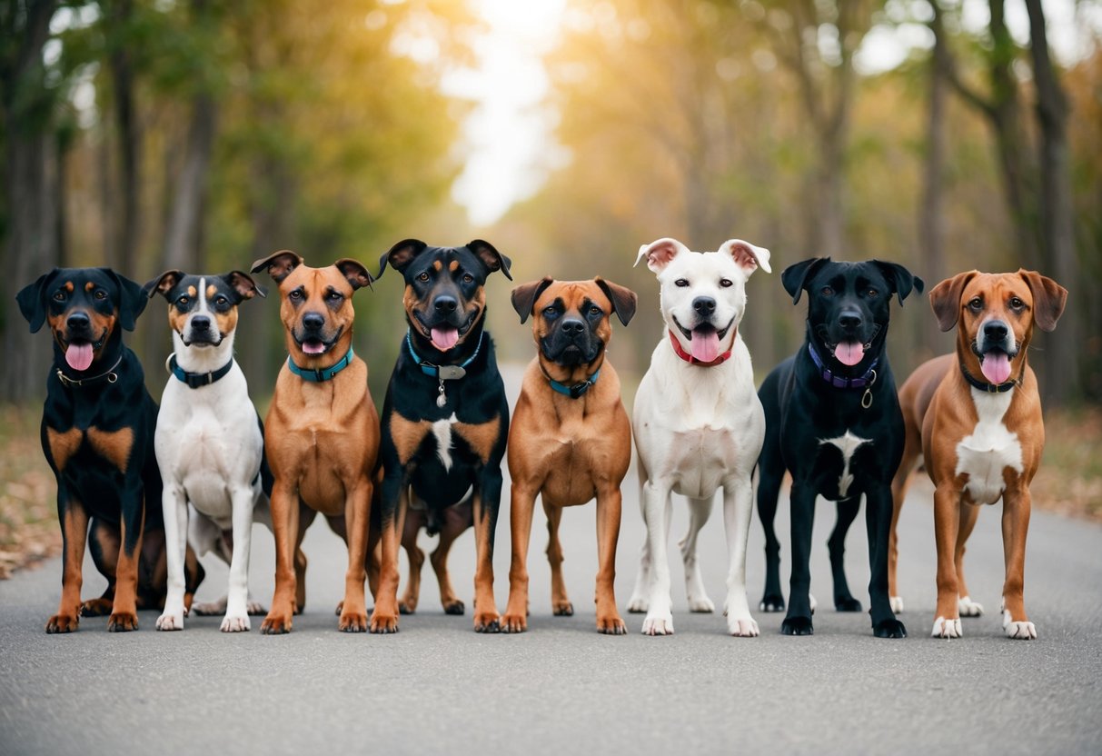 A group of ten dogs of various breeds standing in a line, each with a distinct expression and posture, as if posing for a portrait