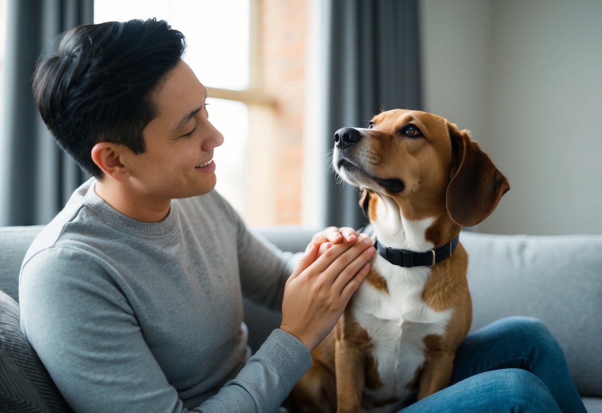 A person sitting on a couch, petting a dog with a loving expression. The dog is looking up at the person with adoration