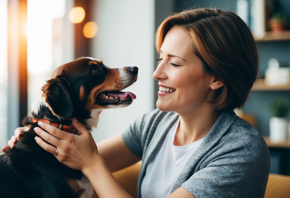 A person affectionately petting and talking to their dog, calling them "baby" with a smile on their face