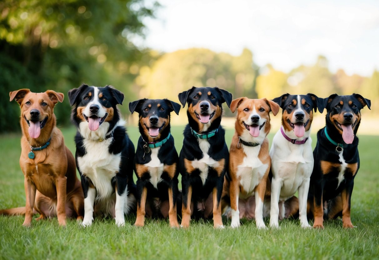 A group of 10 dogs of various breeds and sizes standing in a row, wagging their tails and looking at the viewer with bright, eager eyes