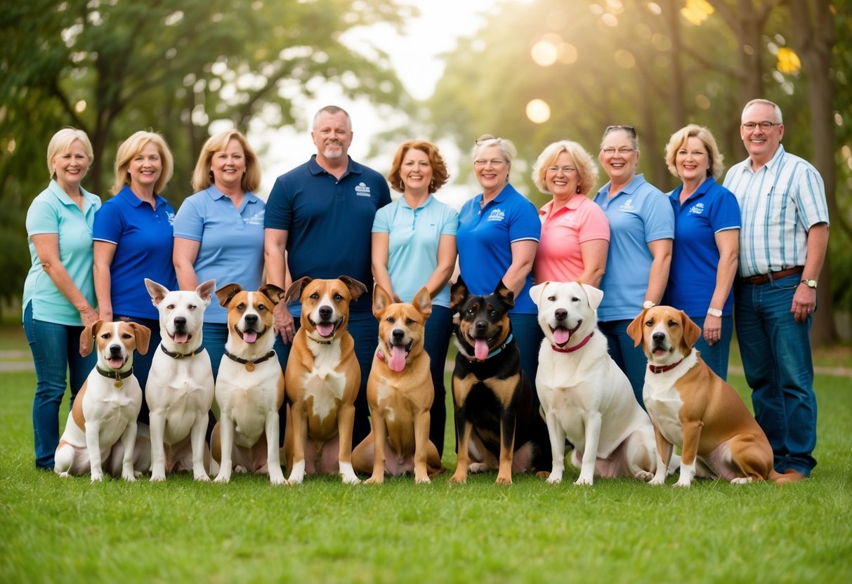 A group of 10 popular dog breeds standing in a row, with varying sizes and coat colors, surrounded by happy and proud owners