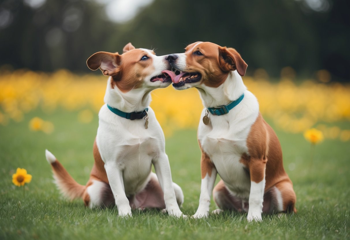 Two dogs playing together, wagging tails and licking each other's faces