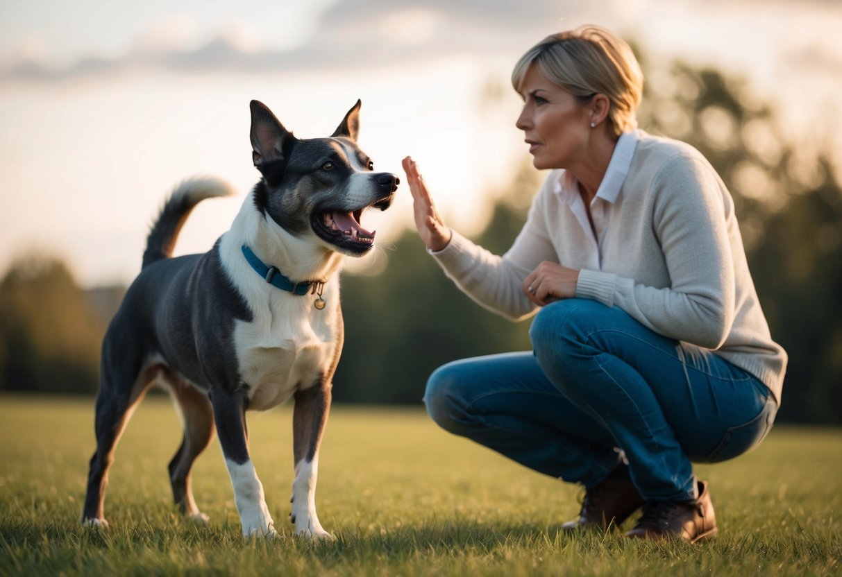 An untrained dog stands in front of its owner, growling at a potential threat
