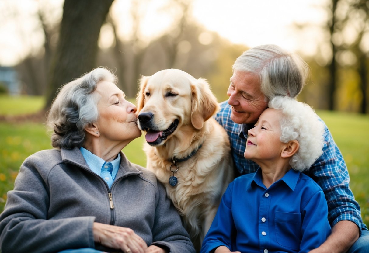 A golden retriever snuggles with a child, while a labrador licks the face of its owner. A poodle curls up in the lap of a senior citizen
