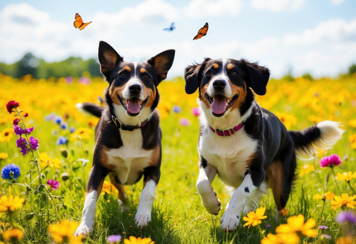 A happy dog couple playing in a sunny meadow, surrounded by colorful flowers and butterflies