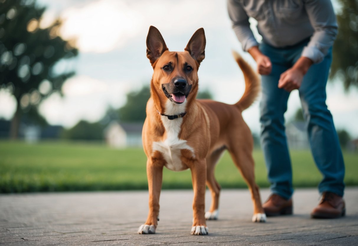 A dog standing alert in front of its owner, ears perked and tail raised, facing a potential threat