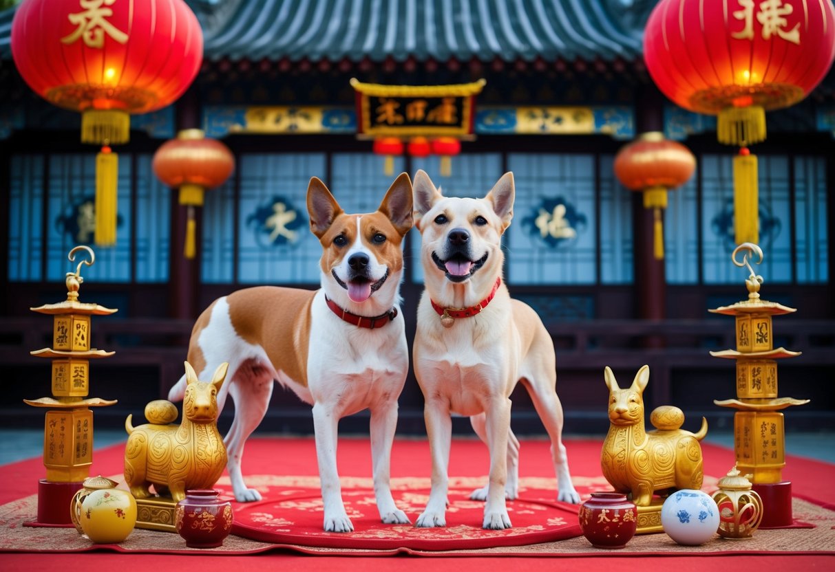 A dog and a compatible zodiac animal standing together in a traditional Chinese setting, surrounded by symbolic elements of love and marriage