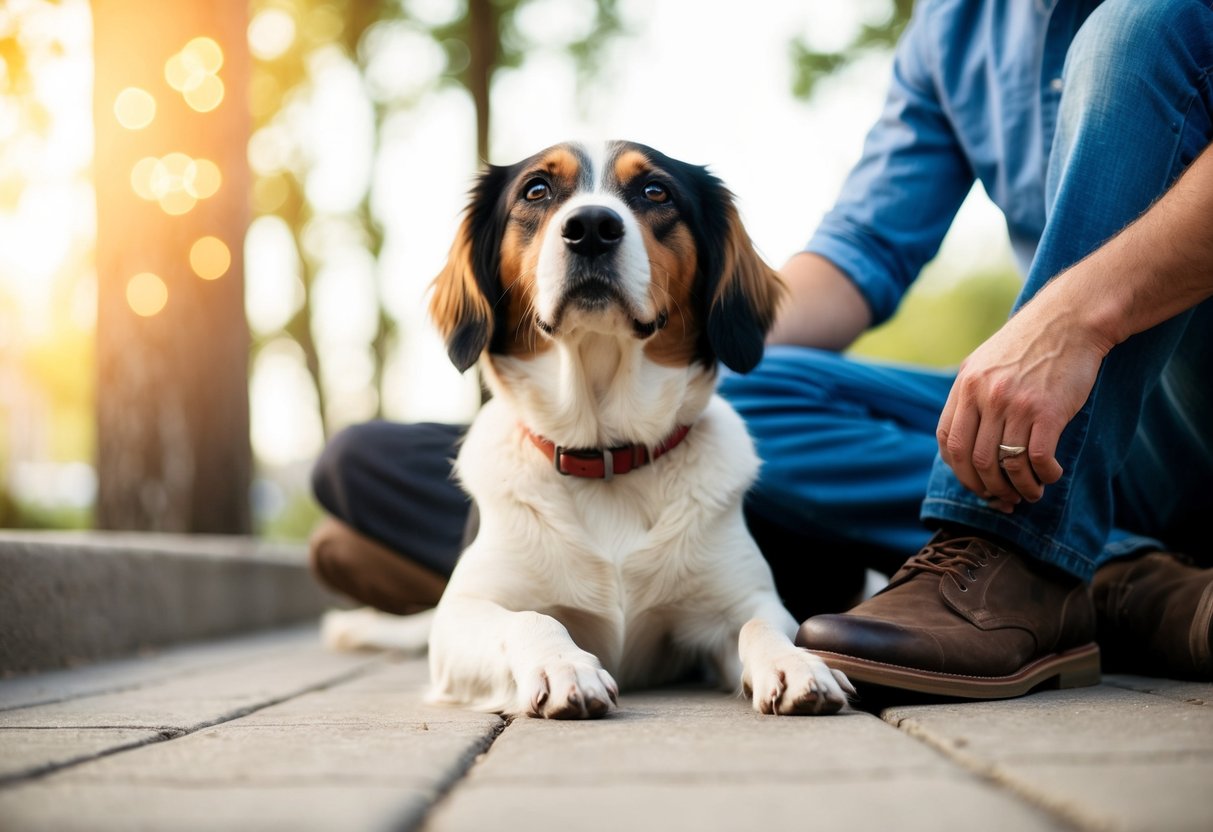 A loyal dog sitting at the feet of its owner, gazing up with adoring eyes