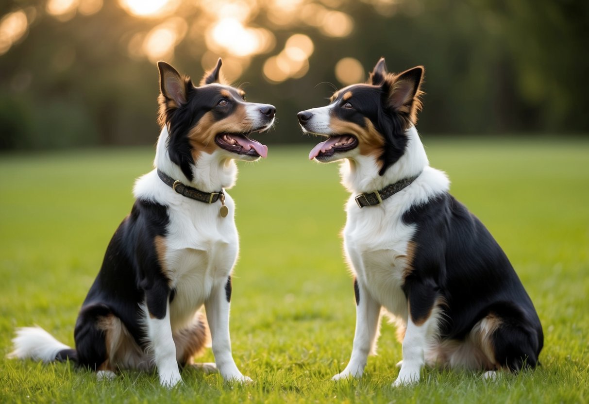 Two dogs sitting side by side, gazing at each other with adoring eyes, tails wagging happily