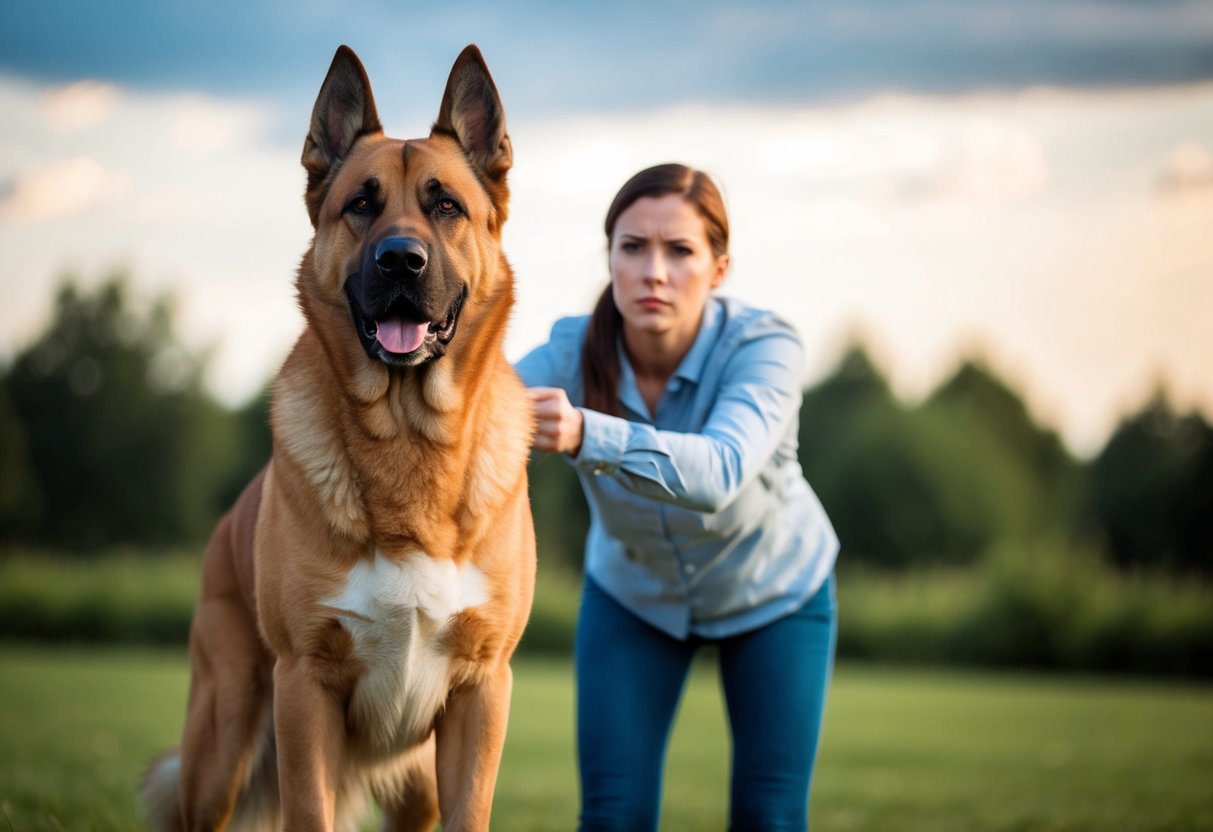 A large, alert dog stands in front of its owner, ears perked and eyes focused, ready to defend against a potential threat