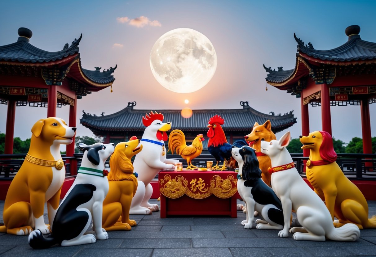 A group of zodiac animals gathered around a traditional Chinese wedding altar, with the dog and rooster exchanging vows under a bright full moon