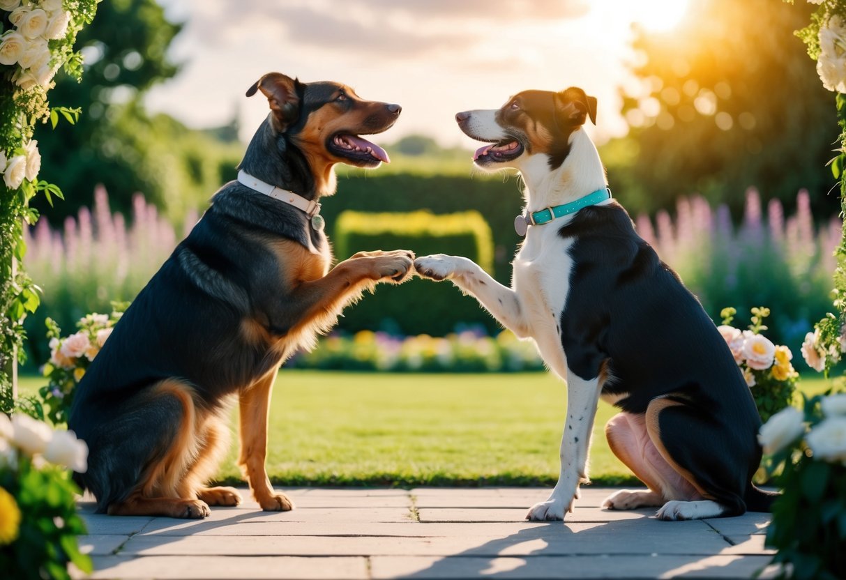Two dogs of different breeds exchanging wedding vows in a picturesque garden setting, surrounded by blooming flowers and a sunny sky