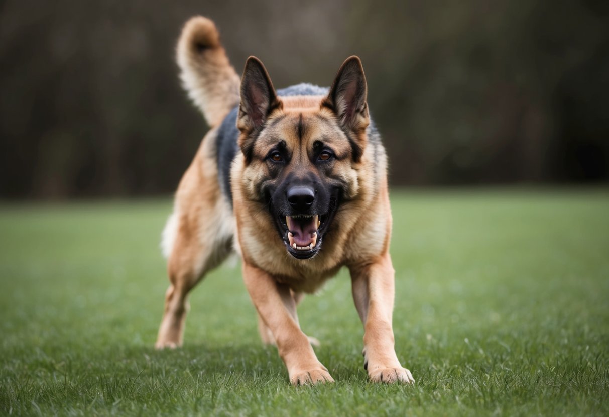 A snarling German Shepherd lunges forward, teeth bared, in a defensive stance