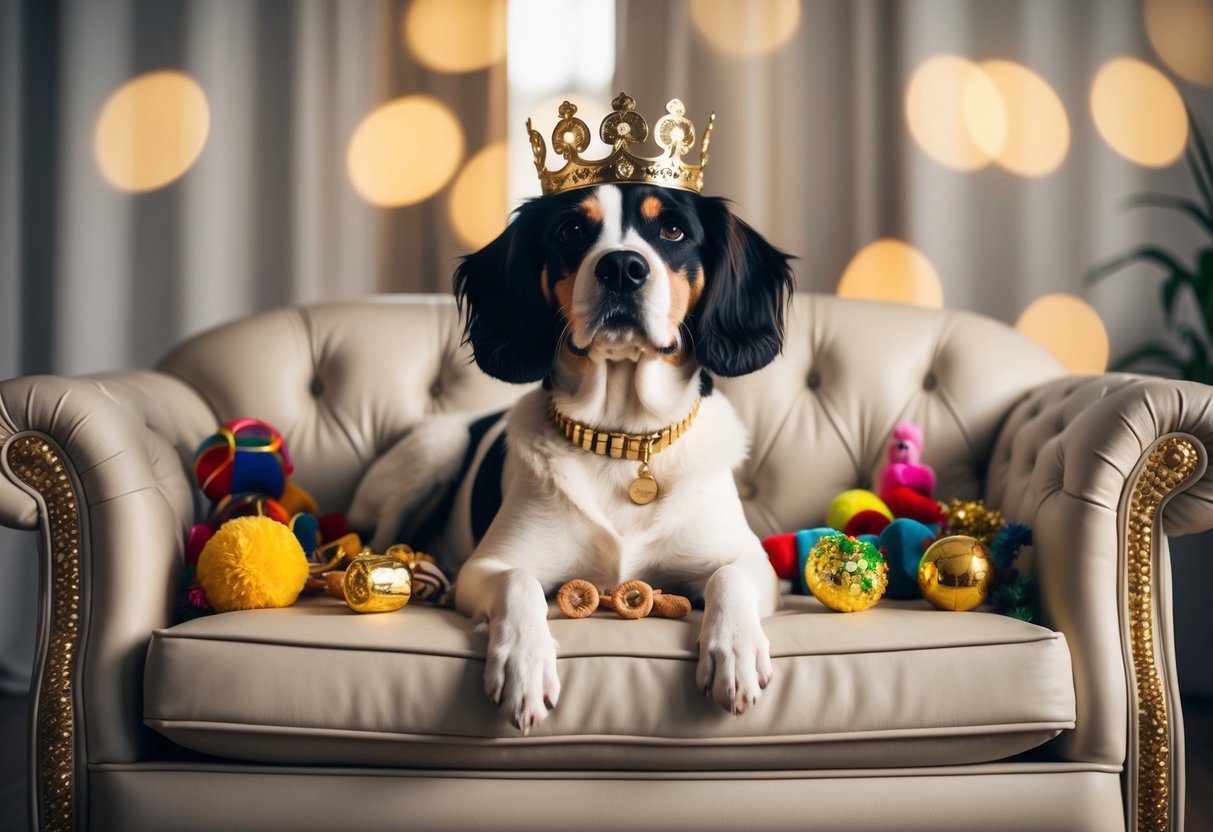 A pampered dog lounges on a luxurious couch, surrounded by expensive toys and treats, with a golden collar and a regal expression