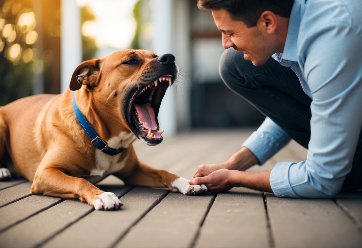 A dog growling and biting as a person tries to move it from its resting spot