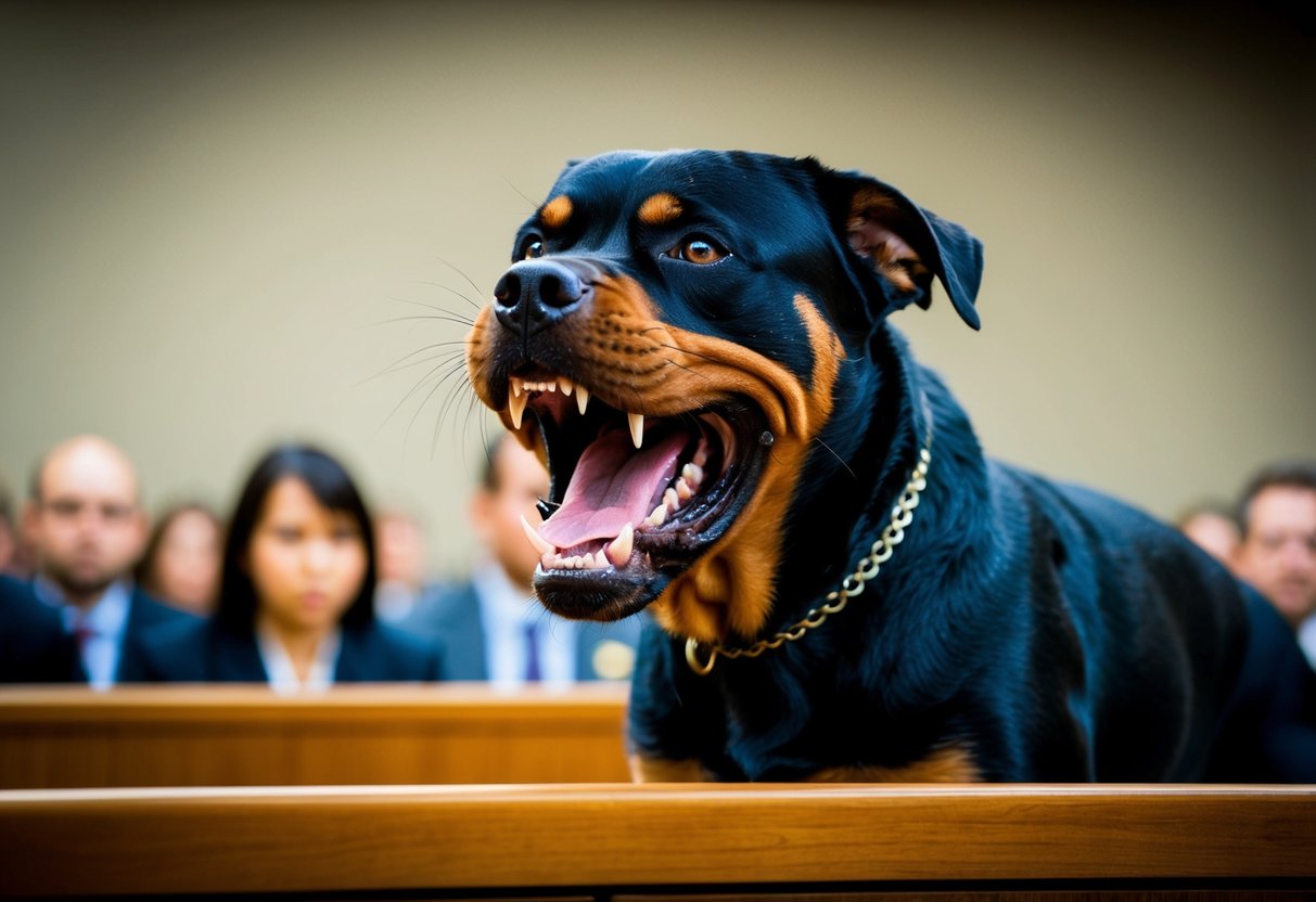 A snarling Rottweiler lunges forward, teeth bared, in a tense courtroom setting