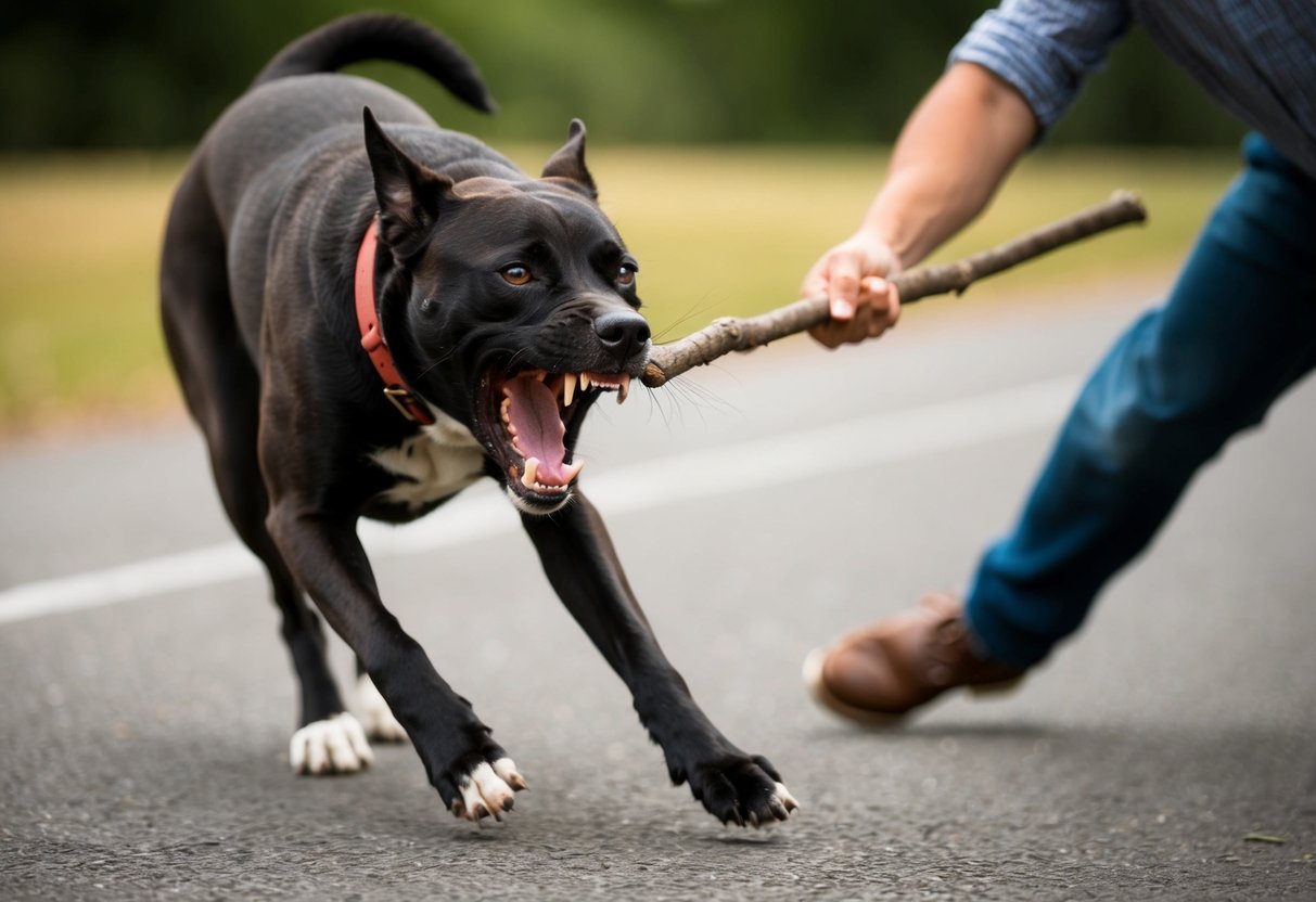 A snarling dog lunges forward, teeth bared, as a person tries to fend it off with a stick