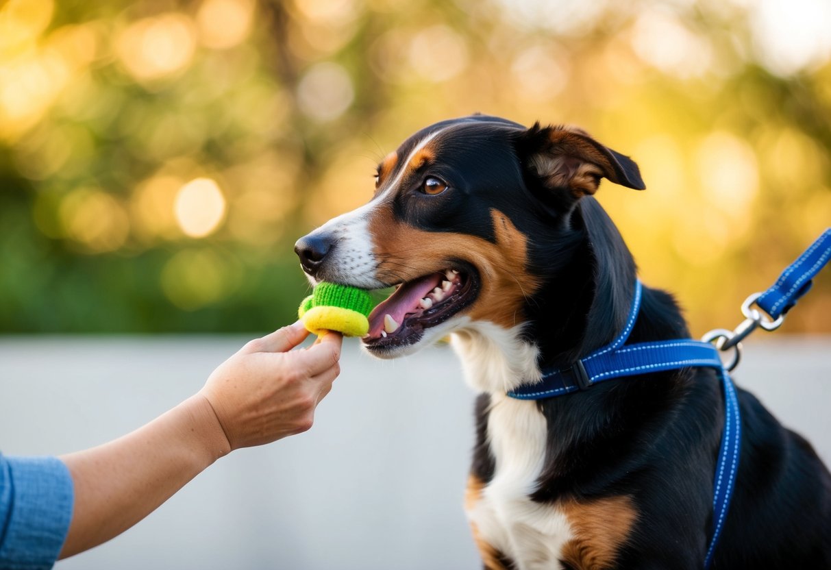 A dog being gently redirected with a toy or treat to prevent biting