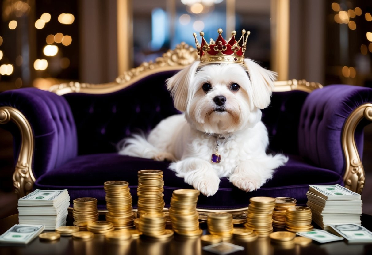 A fluffy, white Maltese dog sits on a luxurious velvet couch surrounded by piles of gold coins and stacks of money. A regal crown rests on his head as he gazes confidently at the viewer