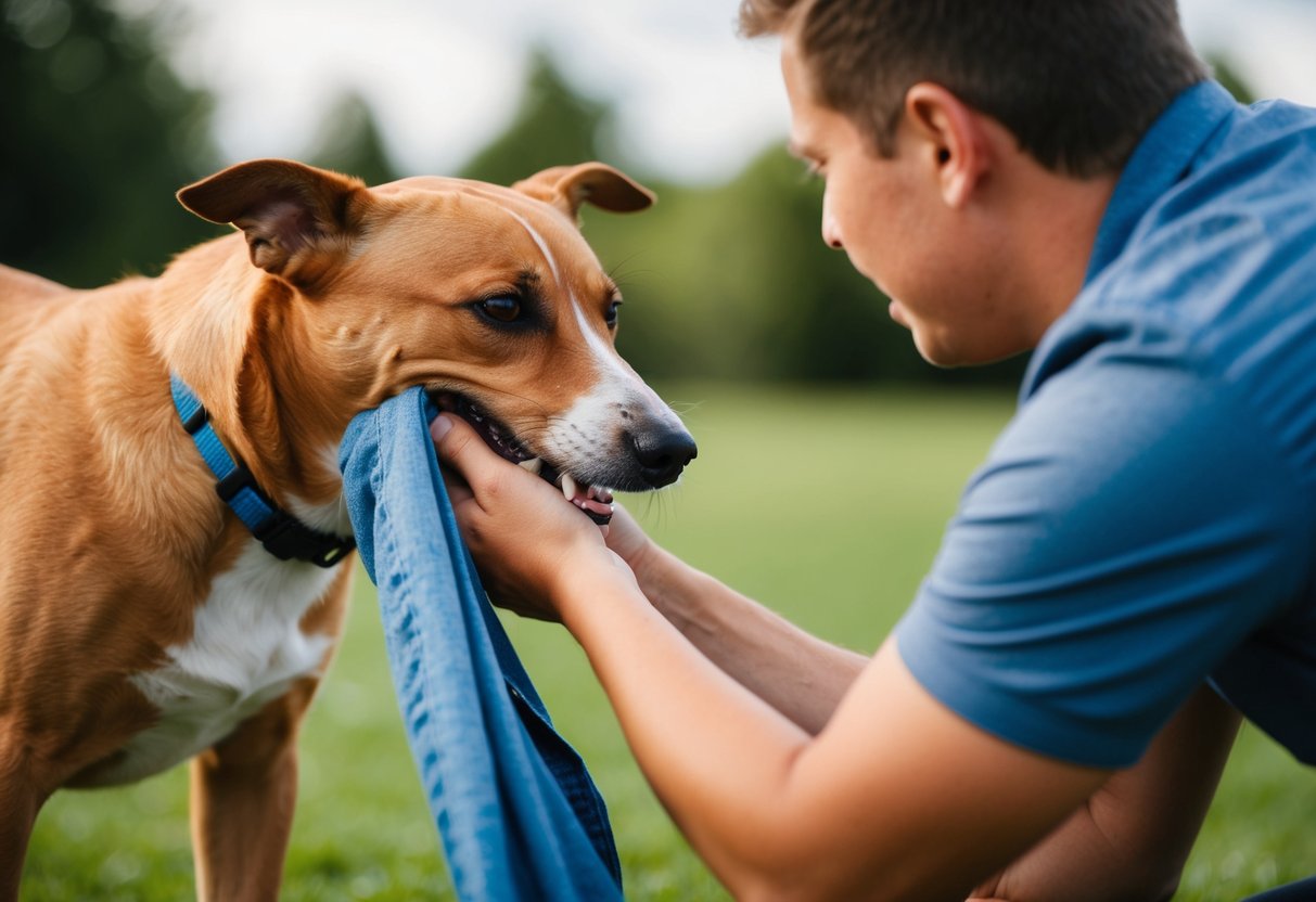 A dog biting a person's clothing as they try to move the dog