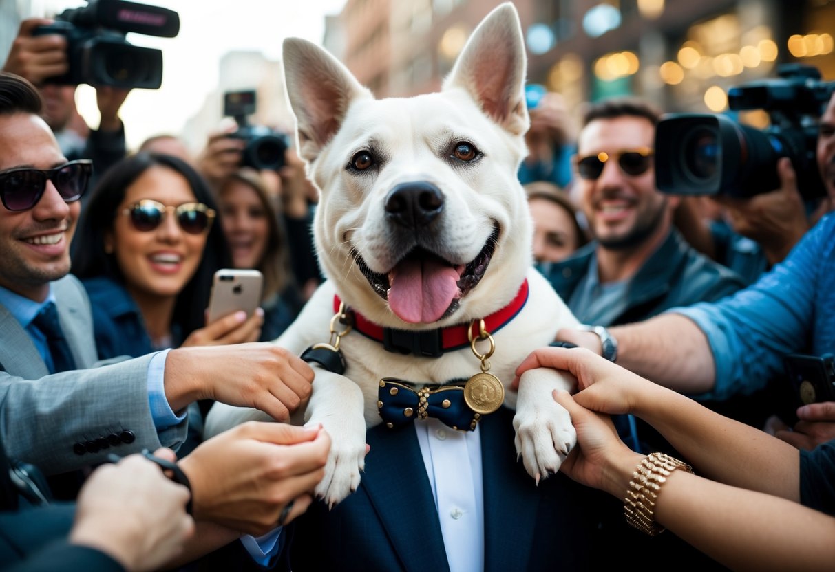 Gunther, the billionaire dog, surrounded by adoring fans and paparazzi, with his own line of merchandise and a massive social media following