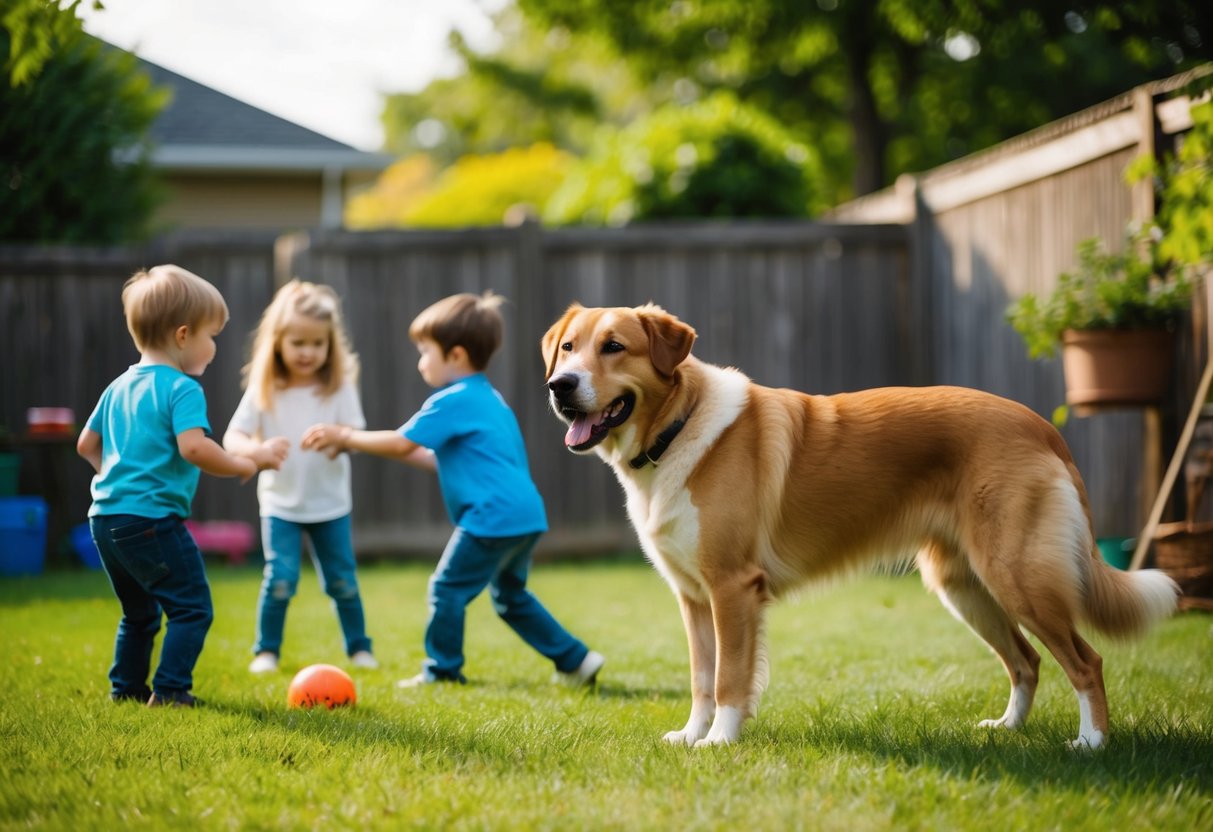 A loyal dog standing guard over two children playing in a backyard