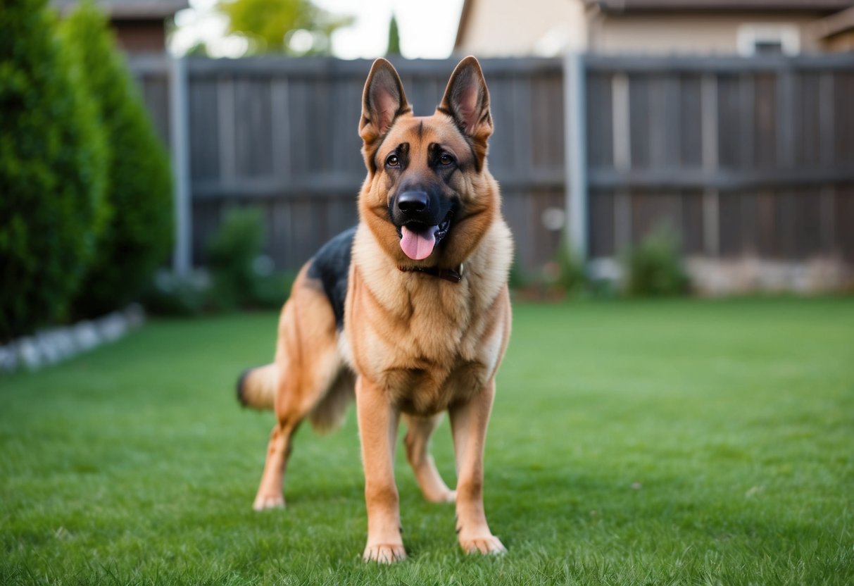 A German Shepherd stands alert in a backyard, ears perked and eyes focused, ready to protect its territory