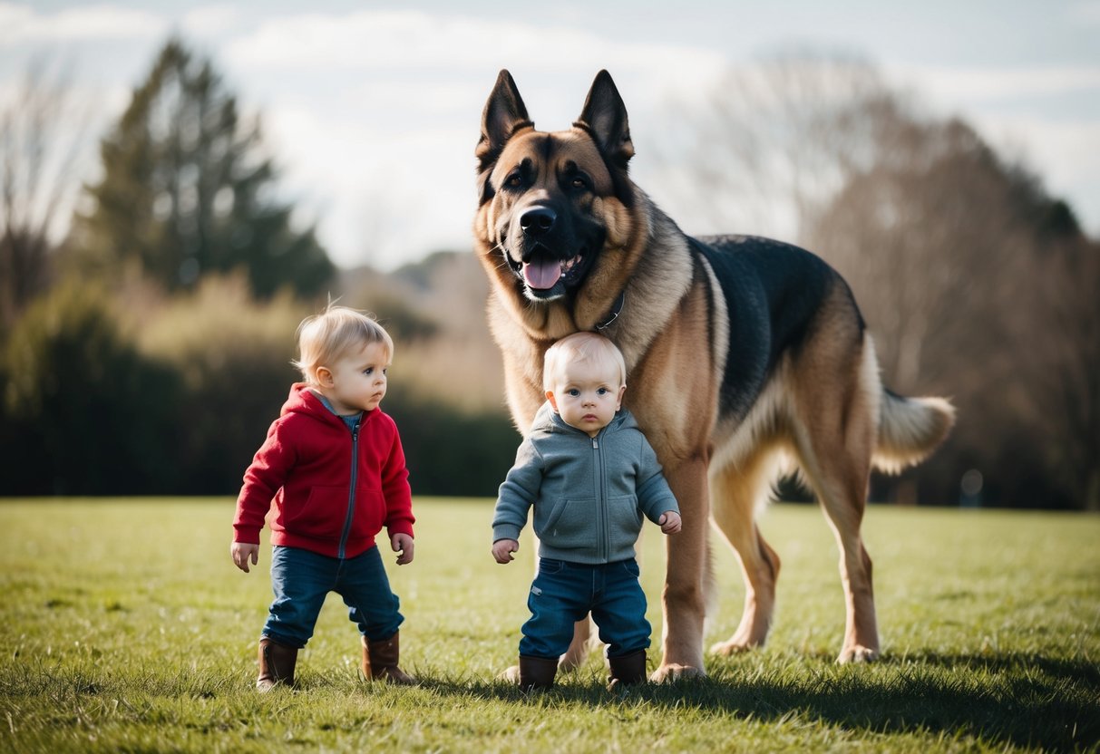 A large, alert dog stands protectively in front of two small children, ears perked and body tense, ready to defend them from any potential threat