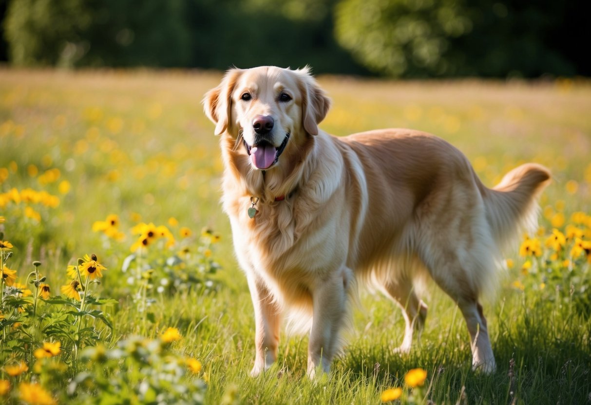 A golden retriever standing in a field of wildflowers, the sun shining on its glossy fur