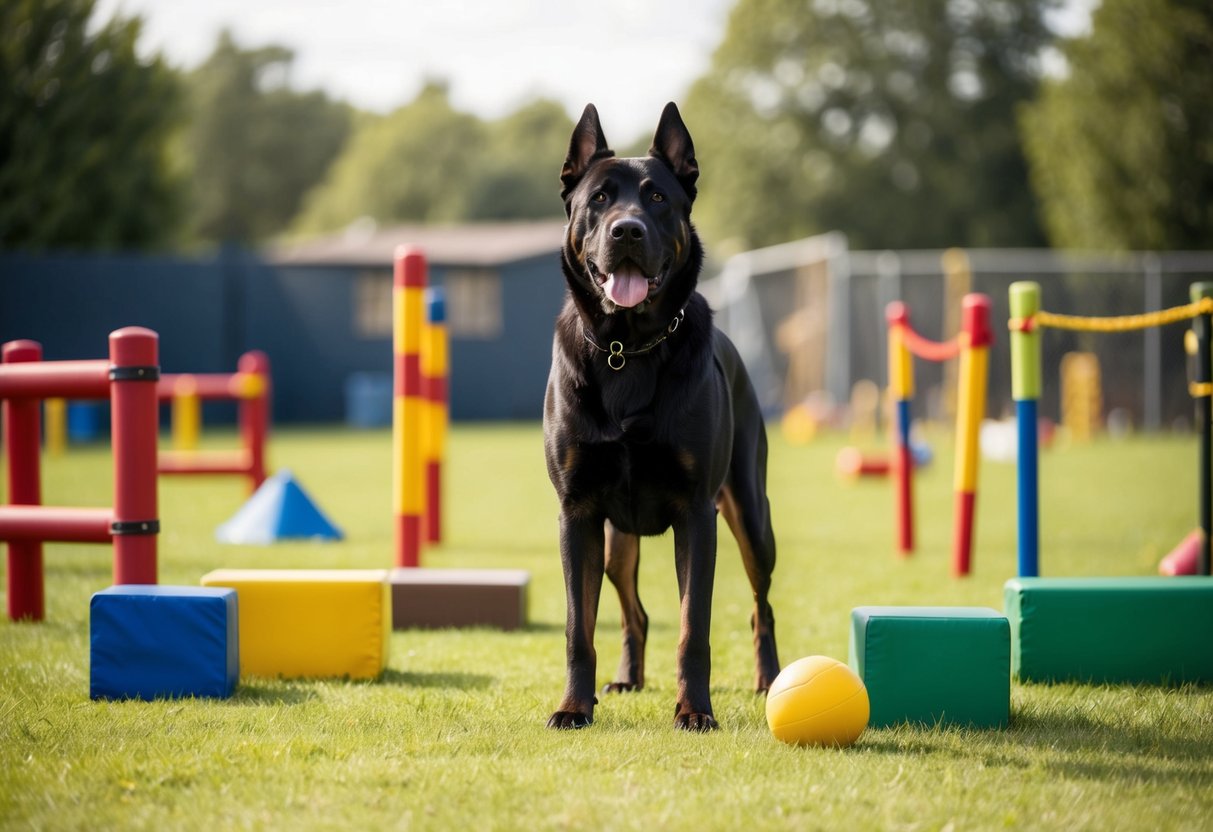A large, alert guard dog stands proudly in a training yard, surrounded by various obstacles and toys for socialization
