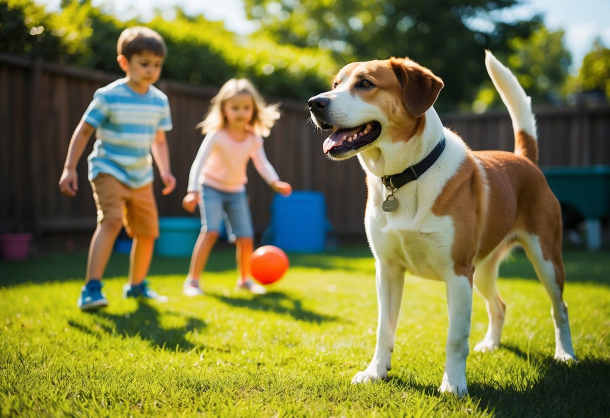 A loyal dog stands guard, watching over two children playing in a sunny backyard