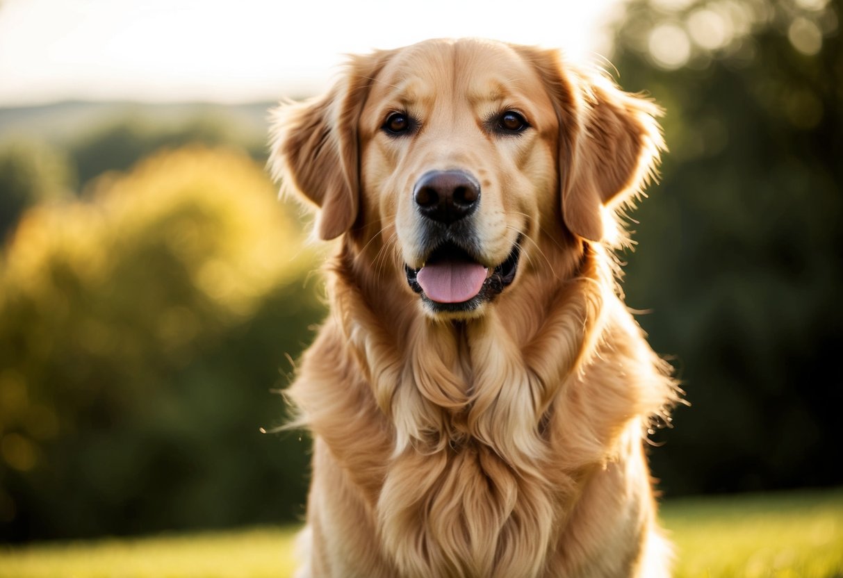 A regal Golden Retriever stands proudly, its luscious golden coat shimmering in the sunlight, with a gentle expression and intelligent eyes