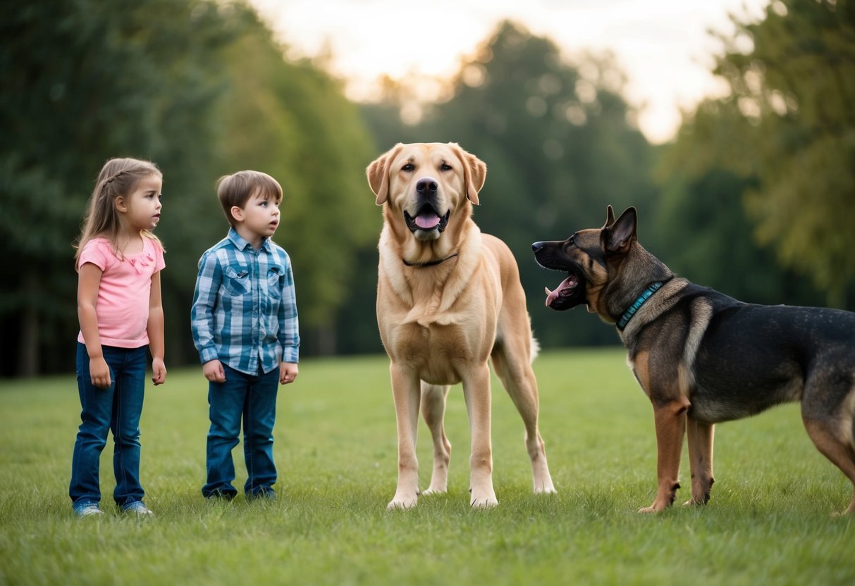 A large, alert dog stands between two children, facing a growling dog. The children look scared while the protective dog shows signs of readiness to defend