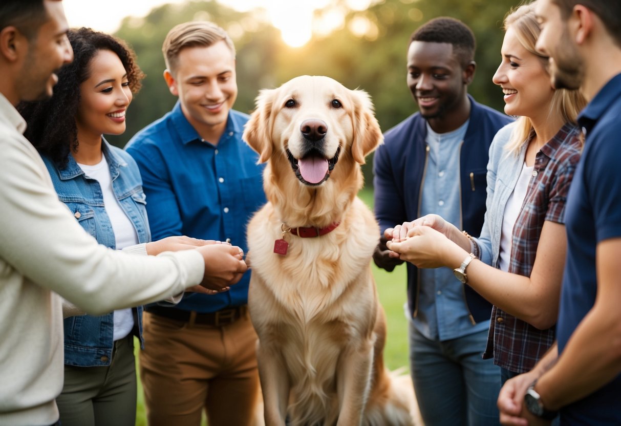 A golden retriever with a friendly expression and wagging tail, surrounded by a diverse group of people admiring its beauty
