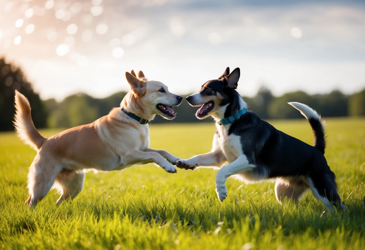 Two female dogs playfully interacting in a grassy field, showing no signs of aggression