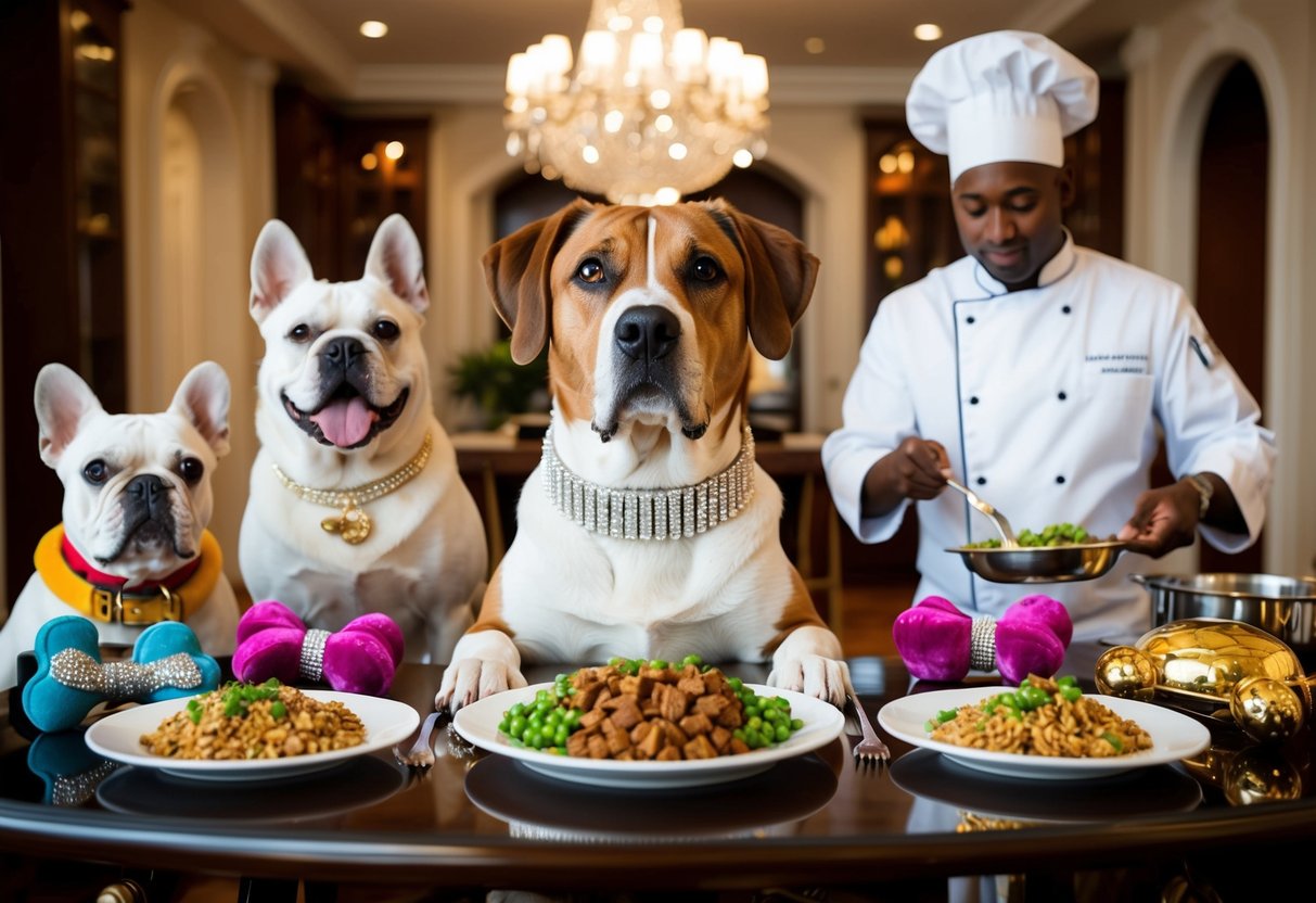 A lavish dog mansion with a diamond-studded collar, surrounded by designer dog toys and a personal chef preparing gourmet meals