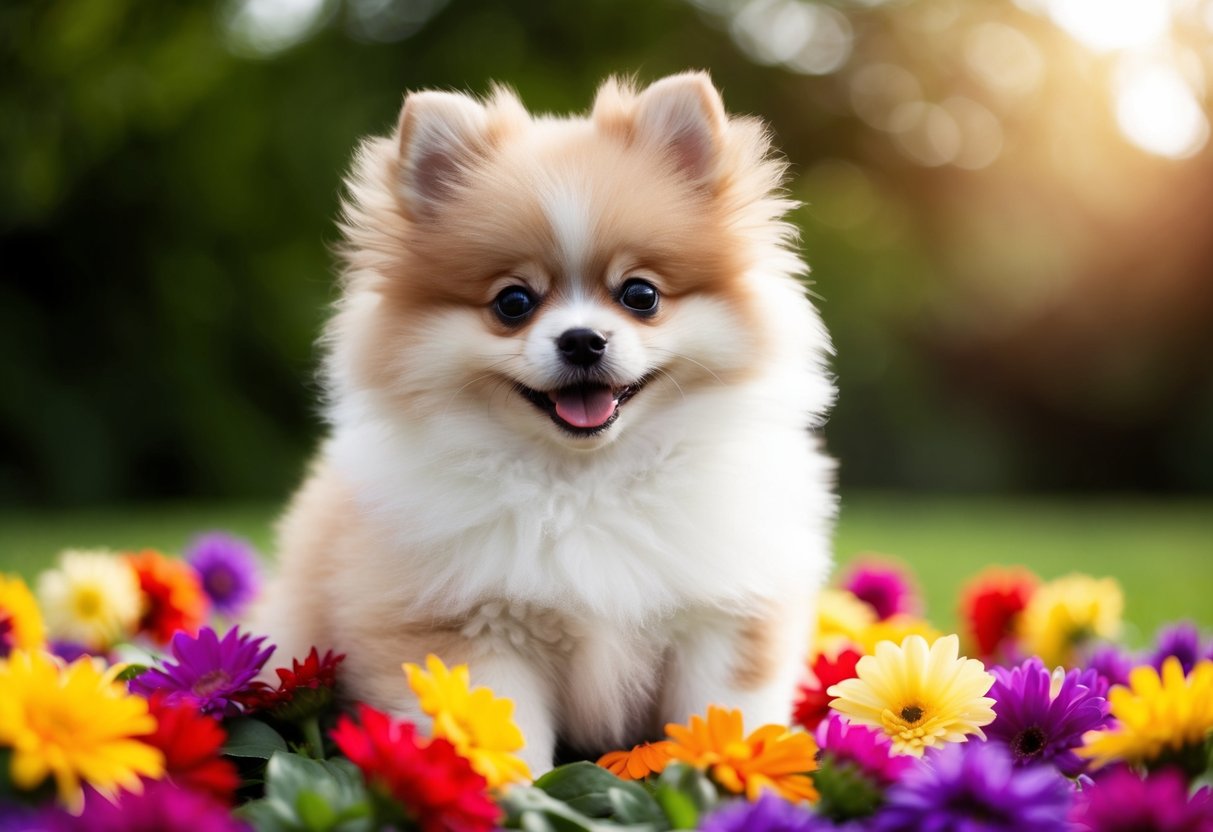 A fluffy Pomeranian puppy with big eyes and a playful expression, sitting on a bed of colorful flowers