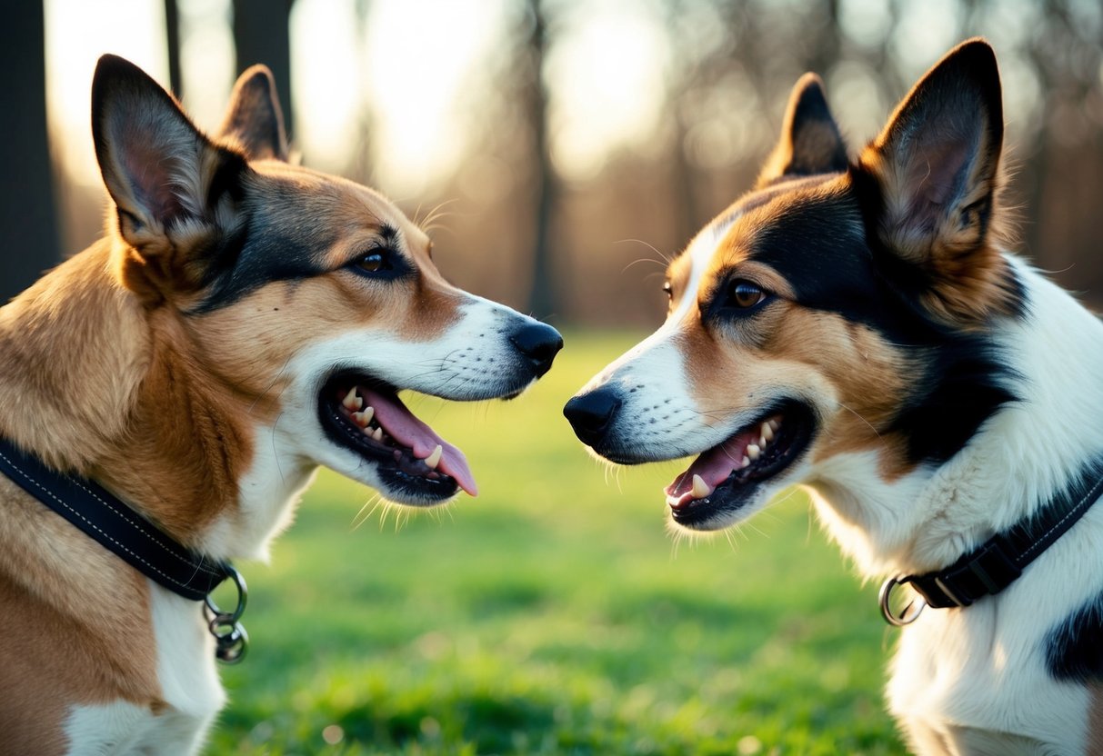 A male and female dog face off, with the male displaying assertive body language and the female showing more submissive postures