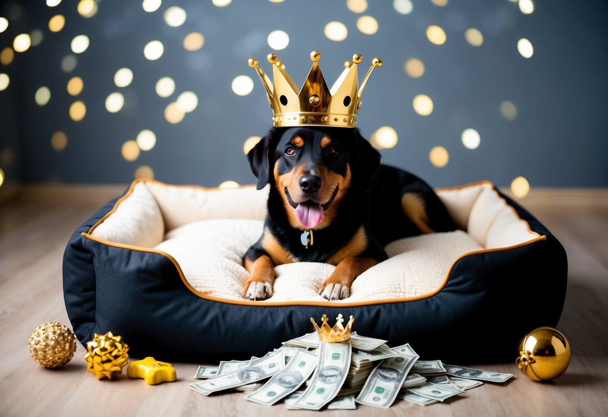 A luxurious dog bed surrounded by designer toys and treats, with a golden crown and a pile of cash symbolizing the wealth of the richest celebrity dog on social media