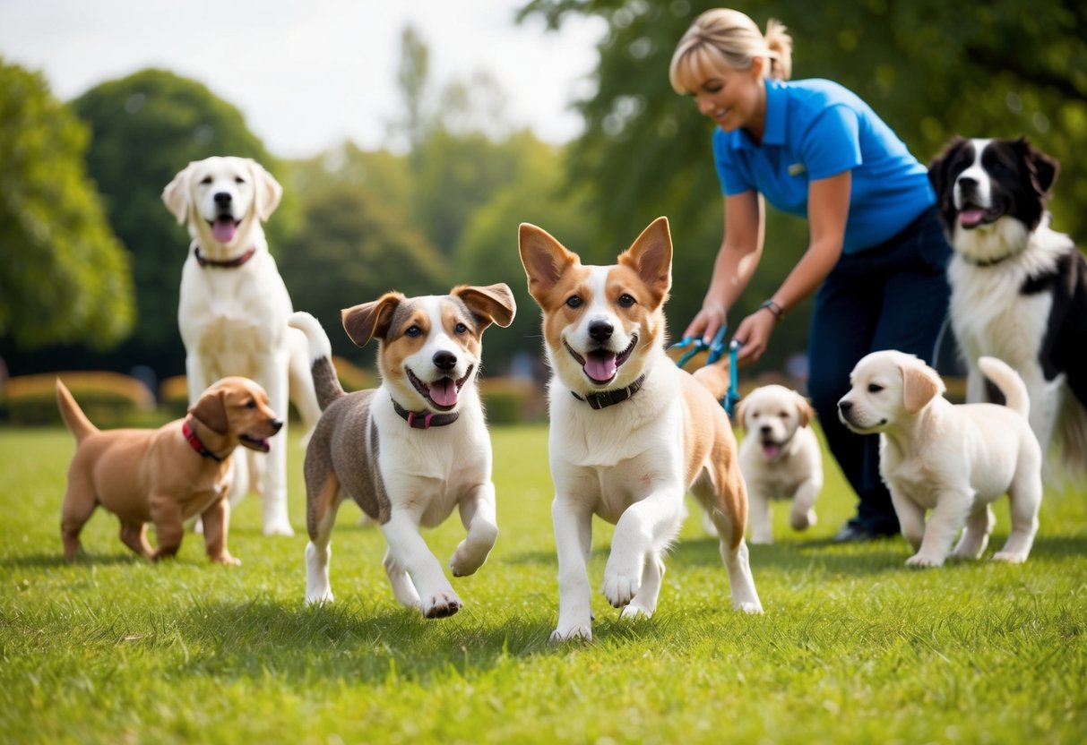 Two girl dogs playing peacefully in a park, surrounded by other friendly dogs of various breeds. A trainer is seen in the background, gently guiding a group of puppies through obedience training