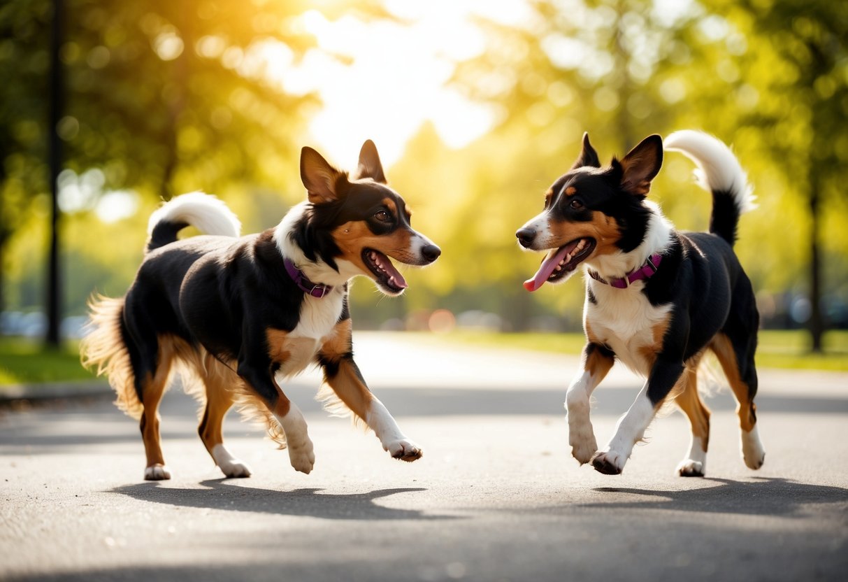 Two girl dogs playing peacefully in a sunny park, wagging their tails and chasing each other without any signs of aggression