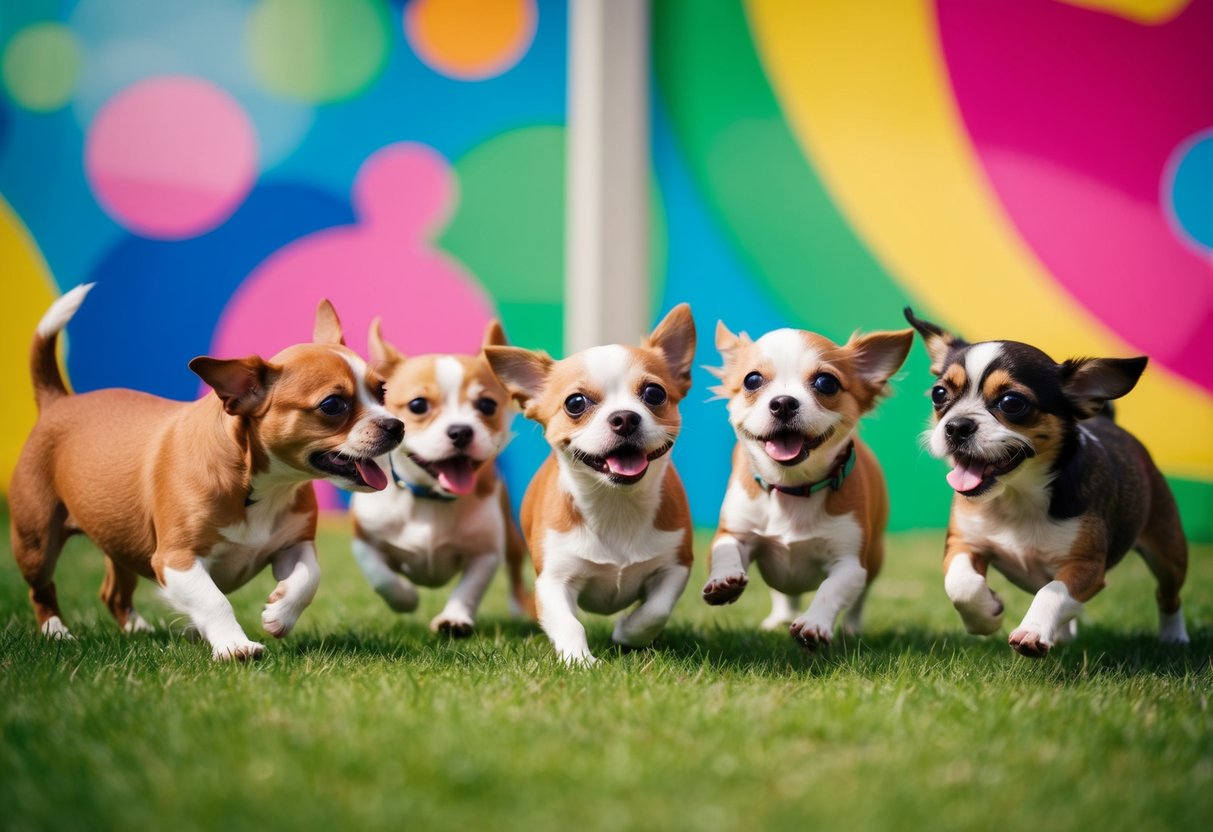 A group of small dogs playfully interact in a colorful, vibrant setting, showcasing their adorable features and lively personalities