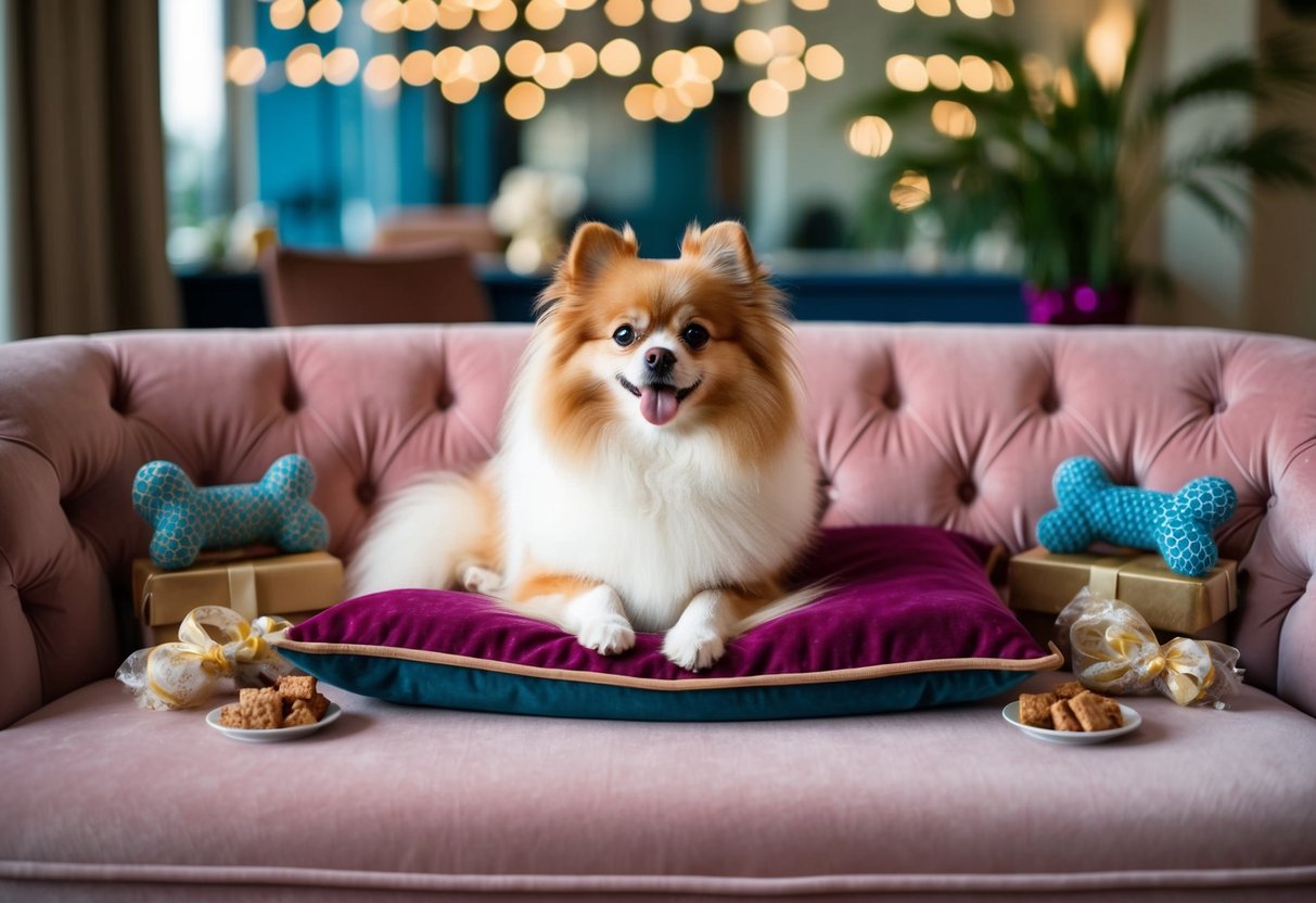 A pampered Pomeranian lounges on a plush velvet couch surrounded by designer dog toys and gourmet treats