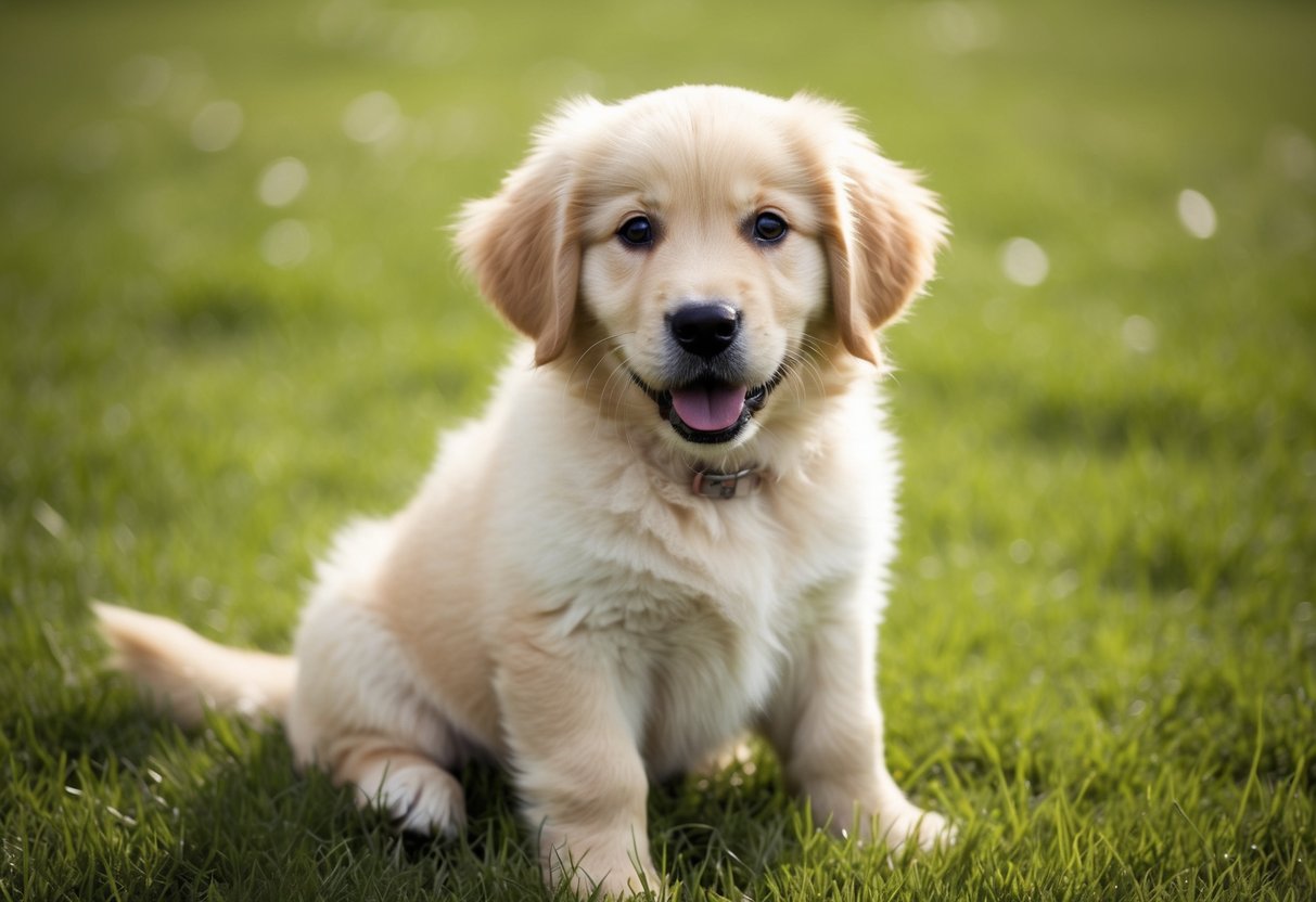 A fluffy golden retriever puppy with big, soulful eyes, sitting on a grassy field with a wagging tail
