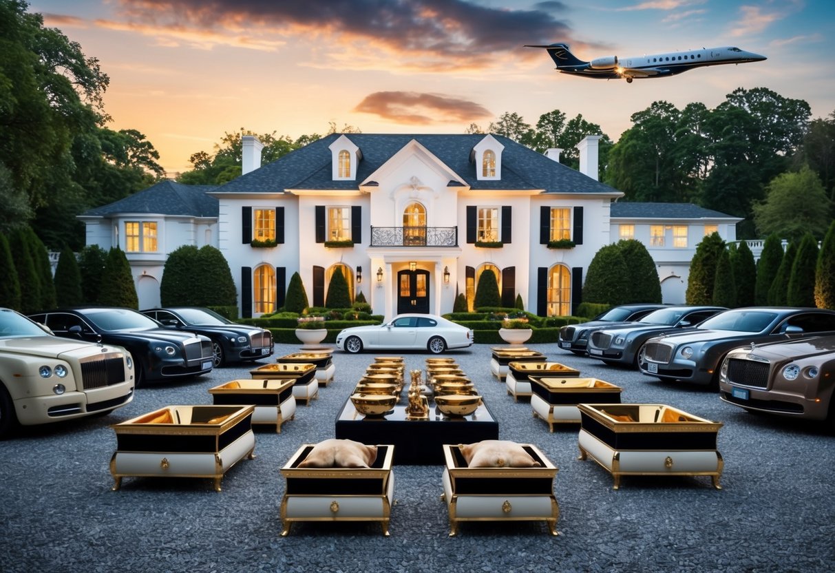 A lavish dog mansion with gold-plated bowls and designer dog beds, surrounded by a fleet of luxury cars and a private jet