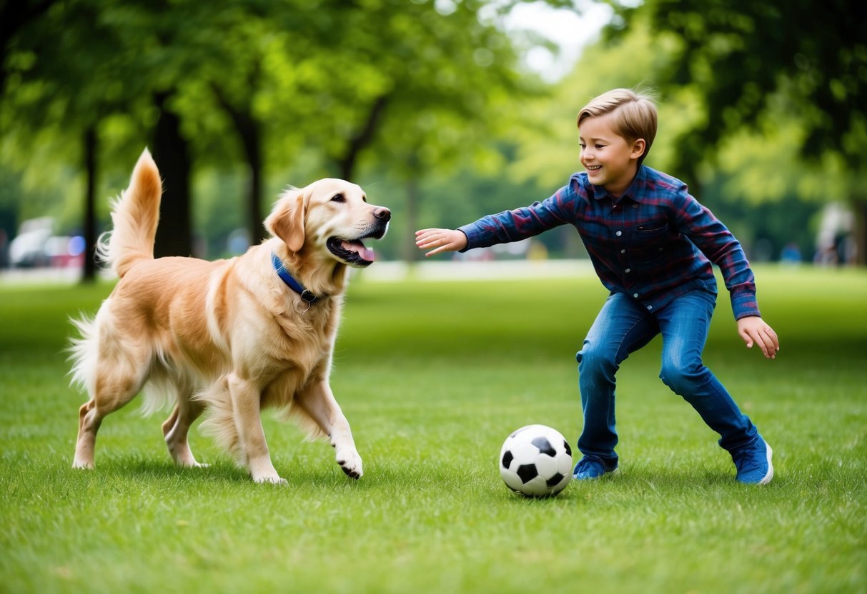 A joyful 10-year-old boy playing fetch with a friendly and energetic golden retriever in a lush green park